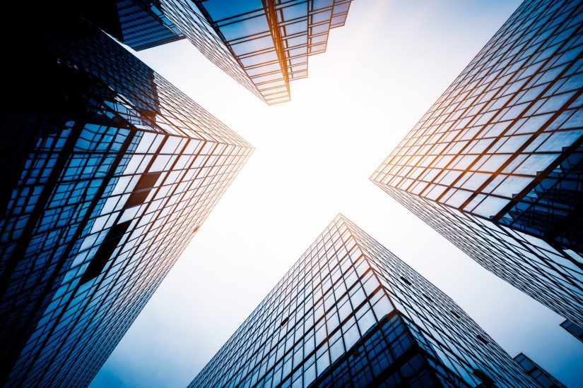 low angle view of skyscrapers in city of China.